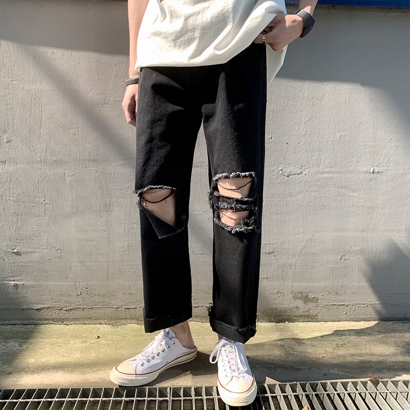 Black stretch jeans skinny fit bottom zipper jeans men knee torn men clothing ripped locomotive pants hip-hop street pants
