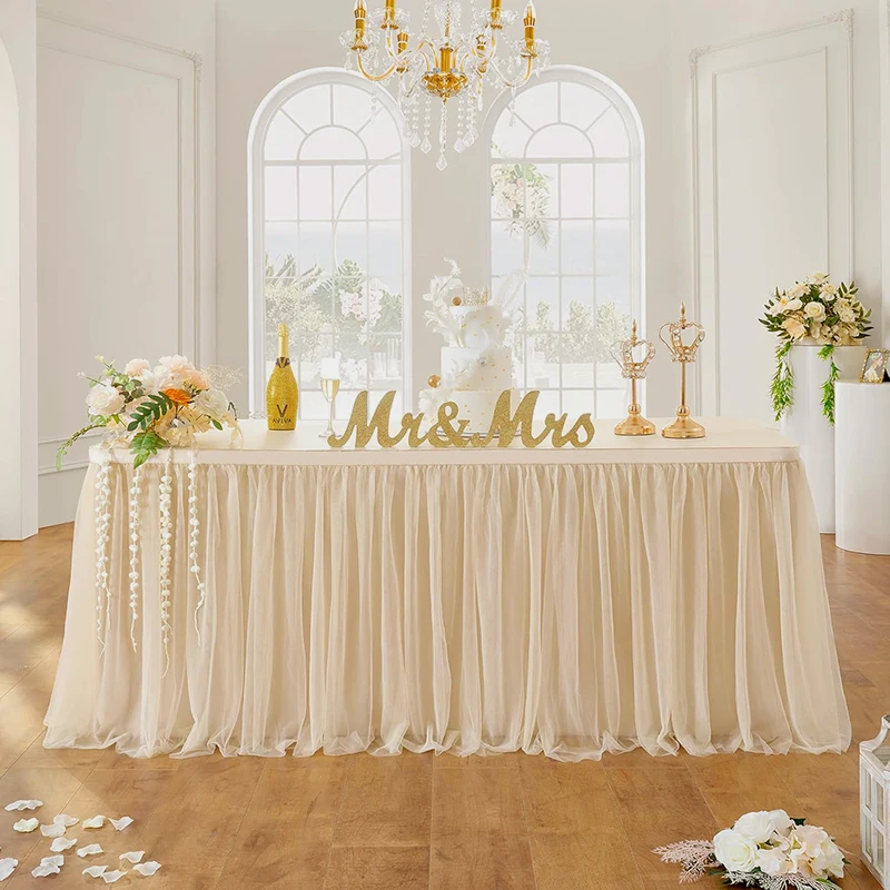 White Tulle Table Skirt Rectangle/Round Tables Ruffle Semi Sheer Tablecloths for Wedding Bridal Shower Birthday Party Decoration