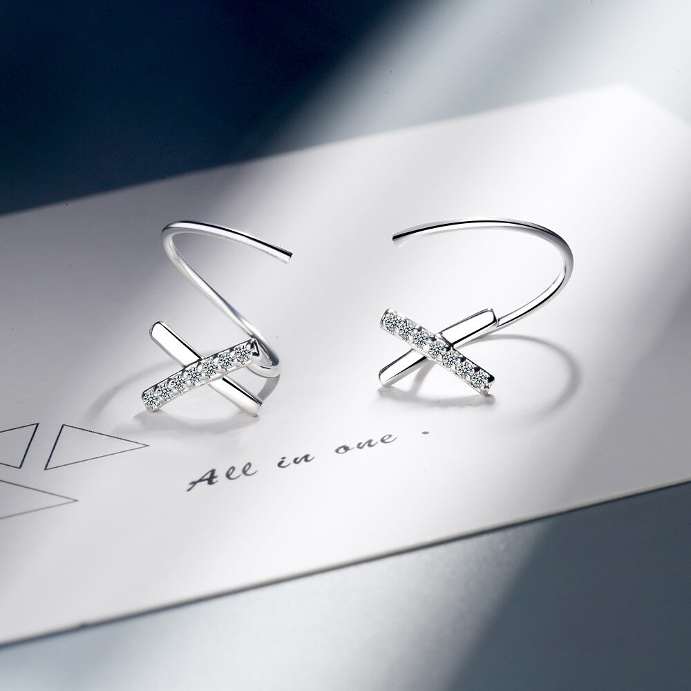 Eenvoudige Cross X Zirconia 925 Sterling Zilveren Clip Op Oorbellen Voor Vrouwen Wave Oor Mode Geen Piercing Sieraden