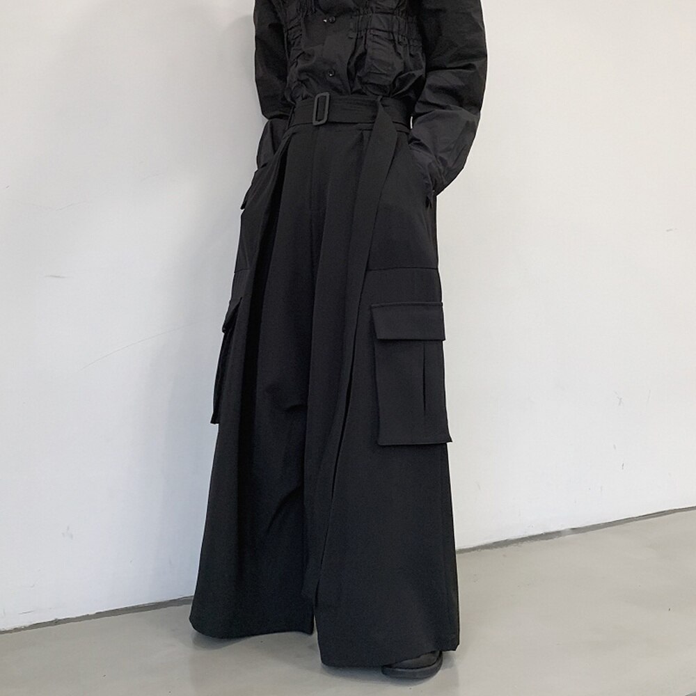 Men High Waisted Wide Leg Pants Loose Gothic Pocket Kendo Hakama Trousers Black Pants 903-B567
