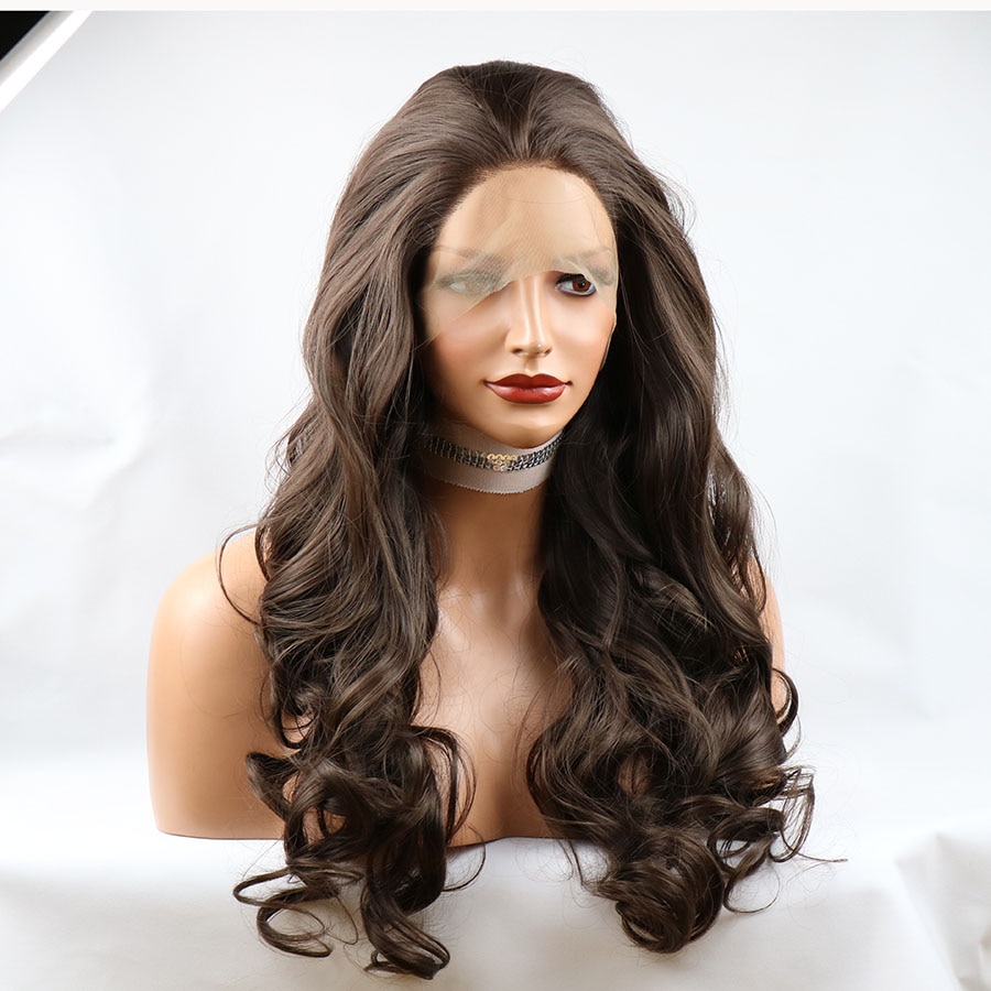 Synthetic Lace Front Wig Brown Color 26 Inch Long Water Wave Futura Hair With Natural Hairline for Black Women