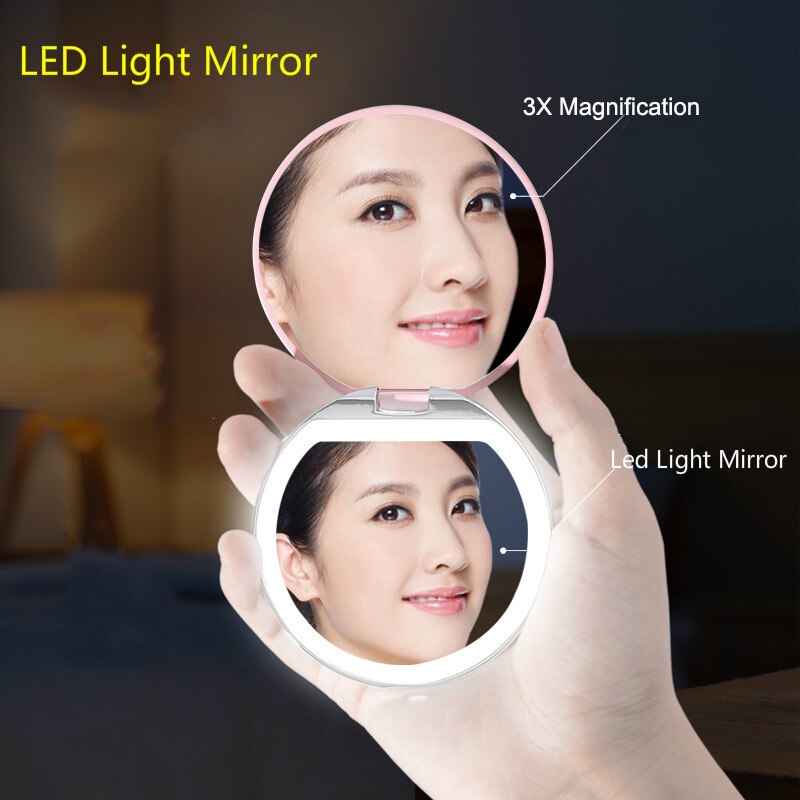 Espejo de bolsillo portátil con luz Led para mujer y niña, espejo compacto plegable redondo, aumento de 1X 3X, espejos Led de bolsillo