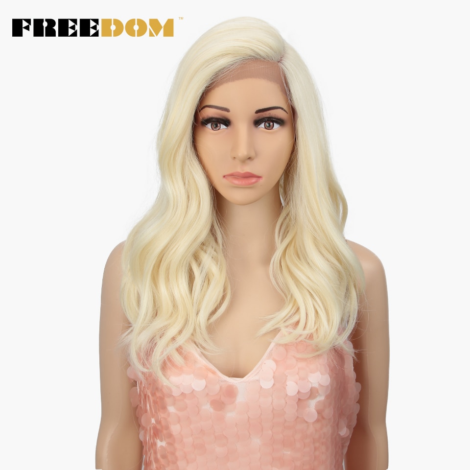 Vrijheid Synthetische Lace Pruik 20 Inche Body Wave Ombre Blond 613 Asymmetrie Pruiken Voor Zwarte Vrouwen Hittebestendige Mode Pruik