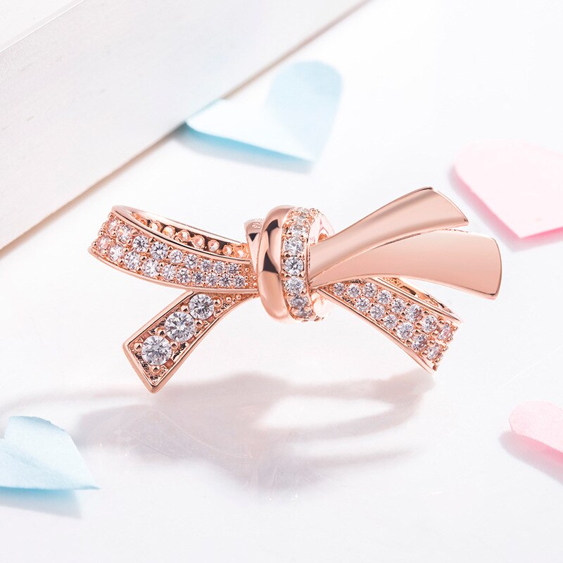 Genuino 925 plata esterlina Rosa oro espumoso de arco brillante con cuentas de cristal Fit Pan pulsera y collar Jewe