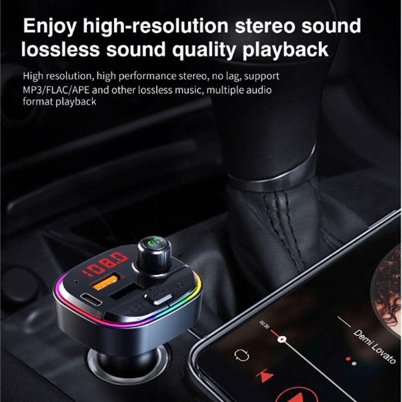Bluetooth 5.0 fm sender  qc3.0 pd hurtig usb oplader adapter trådløs bil  mp3 spiller håndfri bilsæt med farverige lys