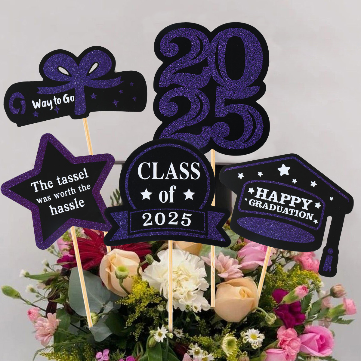 Graduation Decorations Paper Cupcake Toppers Class of Grad Centerpiece Sticks Graduation Party Table Topper Decoration