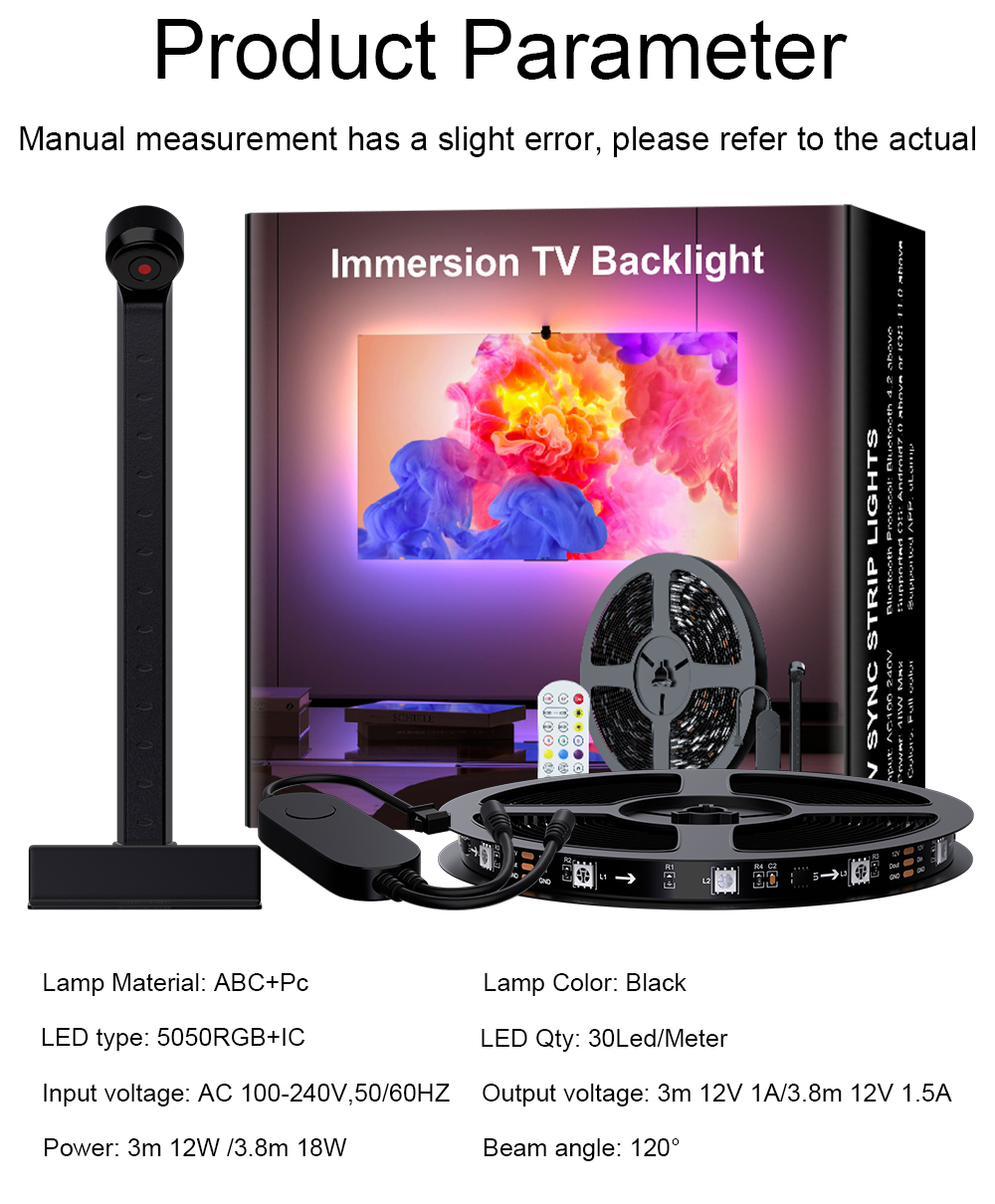 Rétroéclairage LED Smart Ambient Lighting, TV, PC, 3m, 3.8m, 5m, App Camera, Dipliled Strip, Control Strip, Immersion TV Andrea: Émettant Color2 / 11-15W