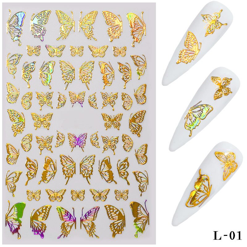 1Pcs Holografische 3D Vlinder Nail Art Stickers Lijm Sliders Kleurrijke Diy Golden Nail Transfer Decals Folies Wraps Nail Decor