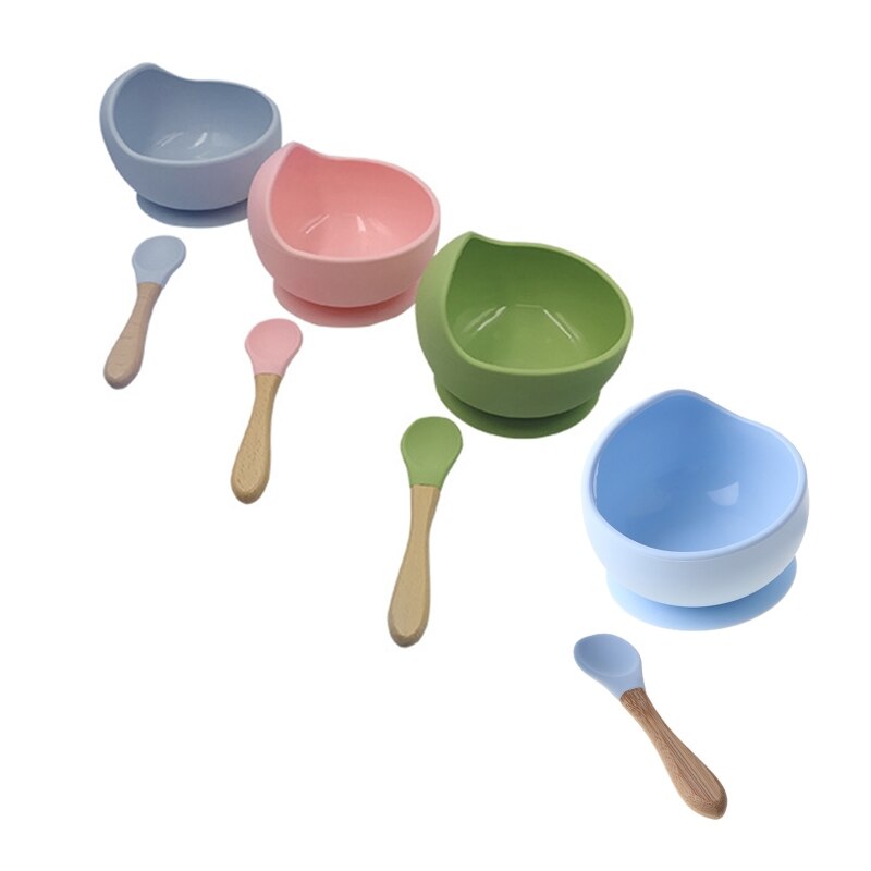 2 Pcs Non-Slip Learning Feeding Tableware BPA Free Silicone Waterproof Baby Suction Cup Base Bowl Training Spoon Set