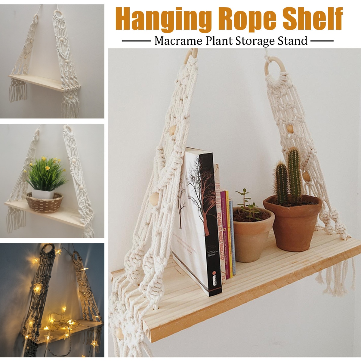 Bohemisk handgjord trä macrame stativ vägghängande rephylla tofs flytande hyllor växtställ vävställ heminredning prydnad