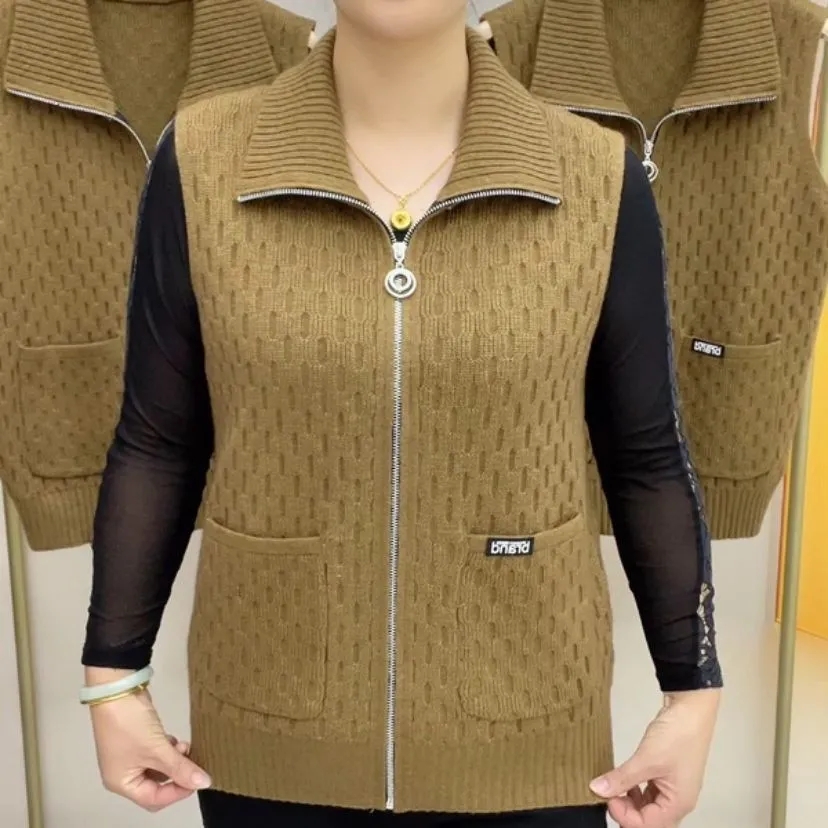 Morvest forår efterår revers strikket cardigan sweater frakke ensfarvet lynlås ærmeløs jakke damevest 5x
