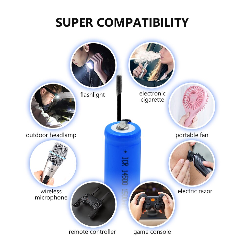 1/2/4 Pcs ICR 14500 1500mAh Li-ion Battery With 2 DIY Wires Torch Flashlight Power Bank LED Light 14500 Replacement Battery