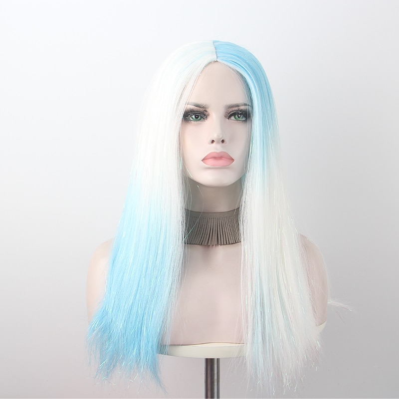 Anxin couleur bleu et blanc cheveux longs raides cheveux bouclés dégradé couleur fraîche perruque en fibres synthétiques haute température soie vie perruque