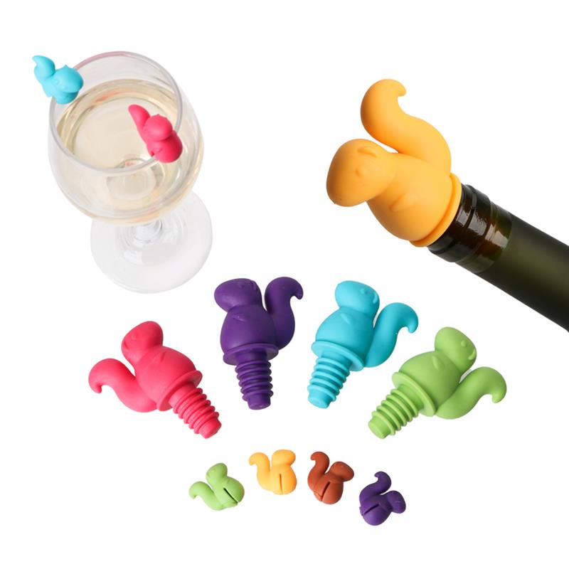 1 Pc Wijn Stop Lekkage-Proof Eekhoorn Flessenstop Met 6 Pcs Wine Glass Charm Bar Accessoires Gereedschap willekeurige Kleur