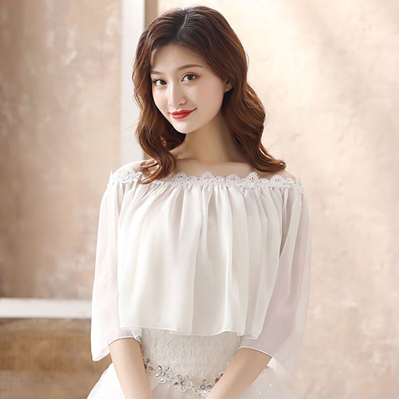 Women Summer Thin Shoulder Off Ruffle Wonderful Chiffon Shawl Lady Solid Soft Formal Applique Evening Wrap Ivory
