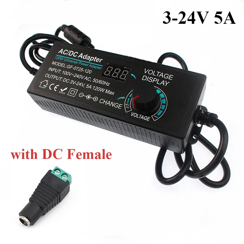 3V-24V 5A Adjustable Power Supply Adapter AC To DC Transformer Universal Led Power Supply with Display Screen Voltage Adapters: Gold / 24W