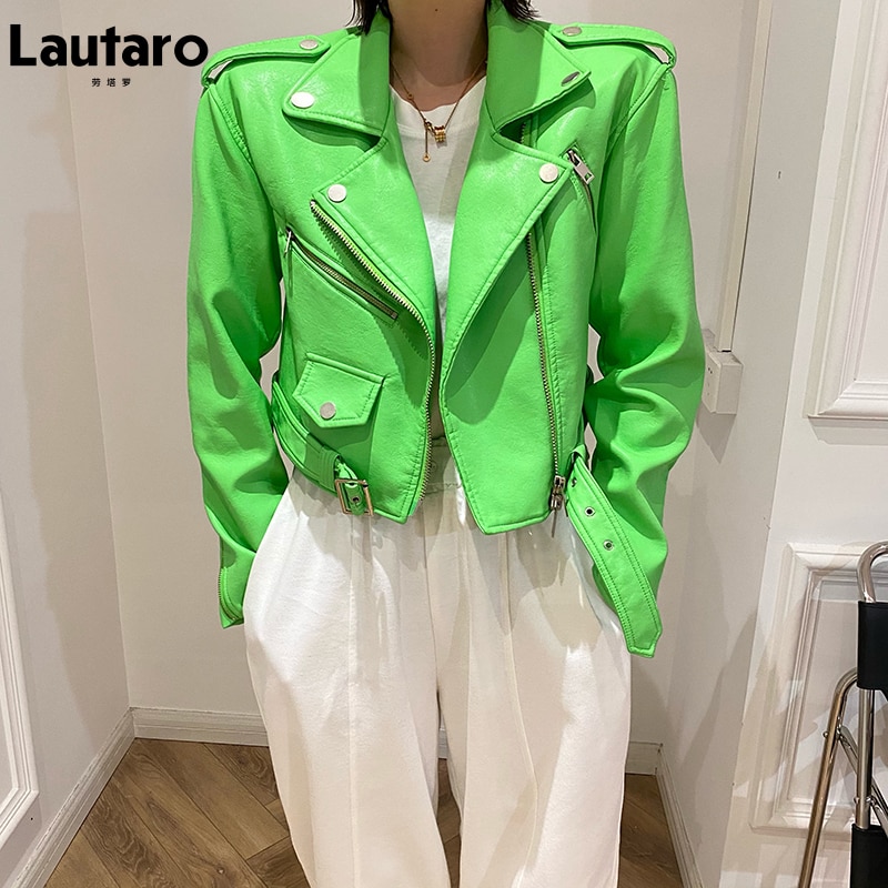 Lautaro-korte groene gekko biker leren jas voor dames, lange mouw, ritsriem, gekleurde stijlvolle bovenkleding, Y2K mode, 2024