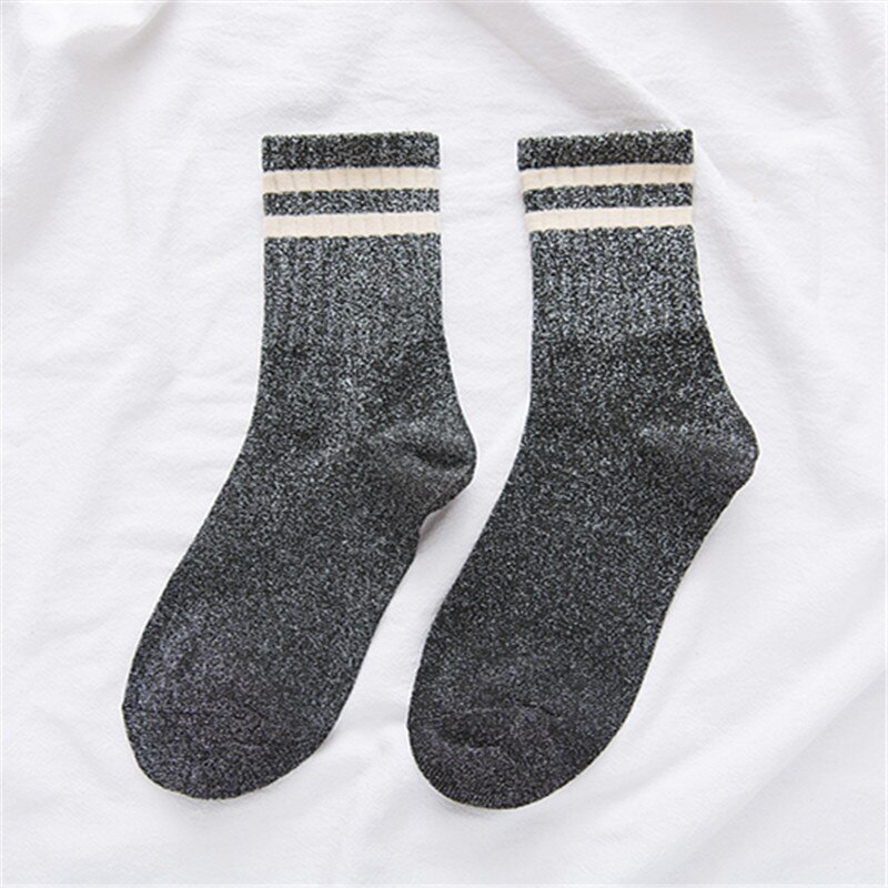 Calcetines a rayas con purpurina para mujer, para invierno, Harajuku, chicas brillantes, ropa de calle, divertidos: Black