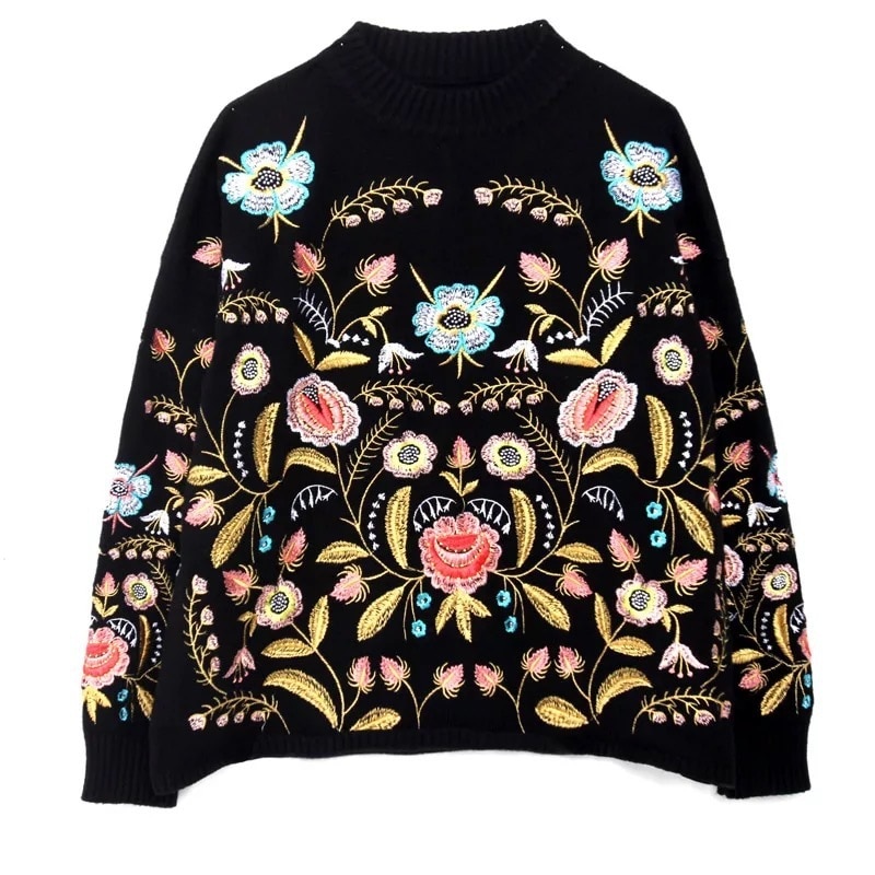 [GUTU] Ronde Kraag Bloemen Borduurwerk Top Losse Koreaanse Winter Herfst Lange Mouwen Vrouw Mode Trui FA50001: Default Title