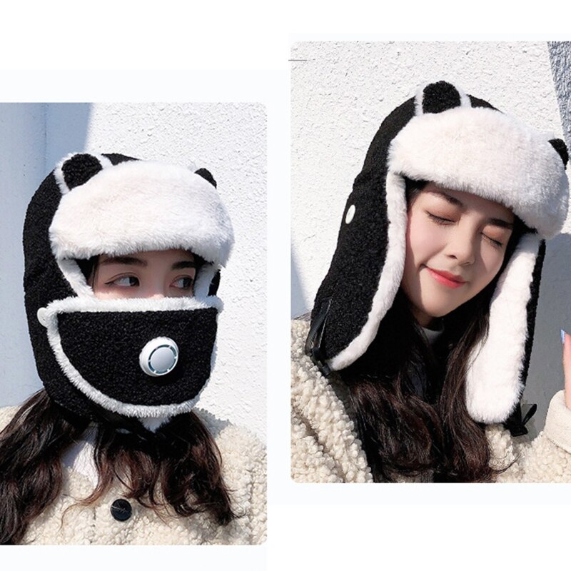 Vrouwen Cartoon Beer Oren Winter Trooper Trapper Hoed Met Verwijderbare Stofdicht Gezichtsmasker Thermische Fleece Voering Oorklep Cap