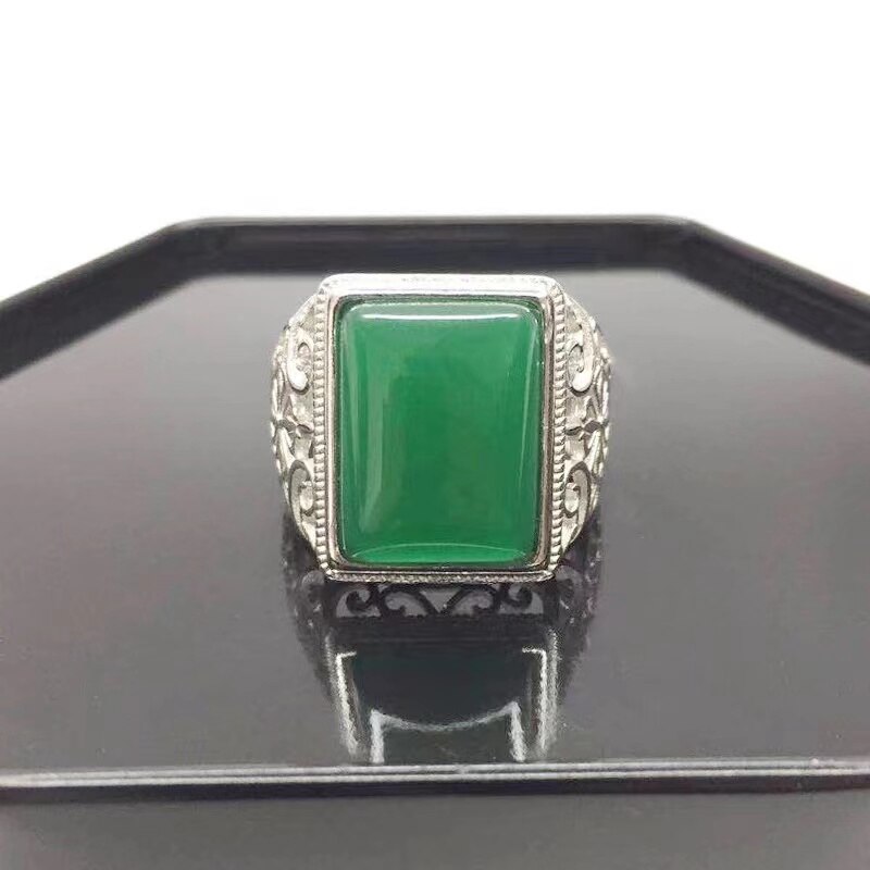 925 Zilveren Mannen Ring Geometrische Vormige Emerald Jade Resize Vinger Sieraden Ornamenten Voor Wedding Party Groene Steen Ringen