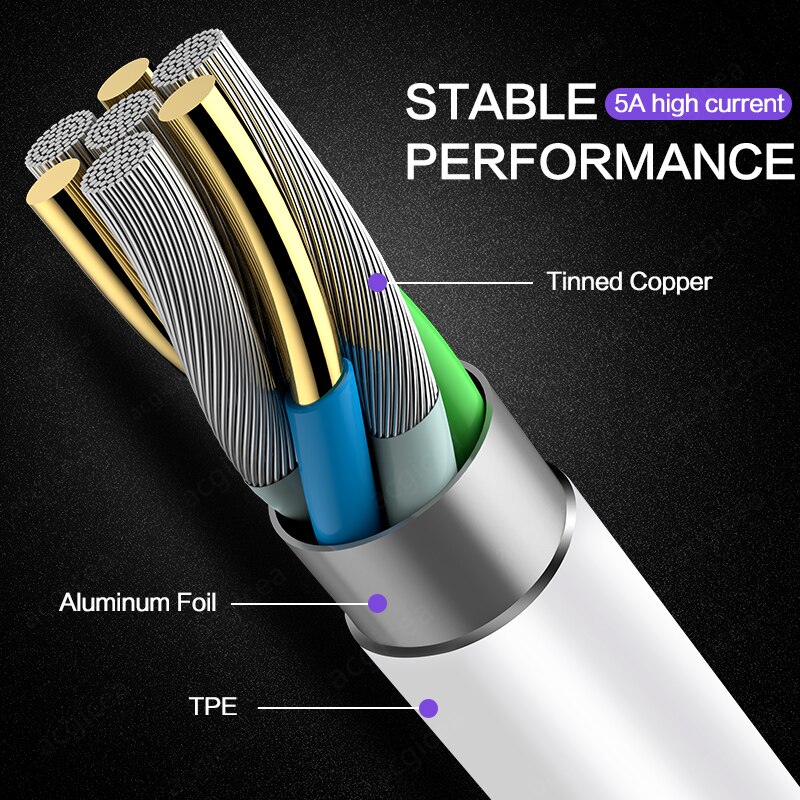 5A USB Type C Cable for Huawei P30 Mate 30 Pro Quick Charge 3.0 Cables Fast Charging for Xiaomi 9 Supercharge USB-C Charger Wire