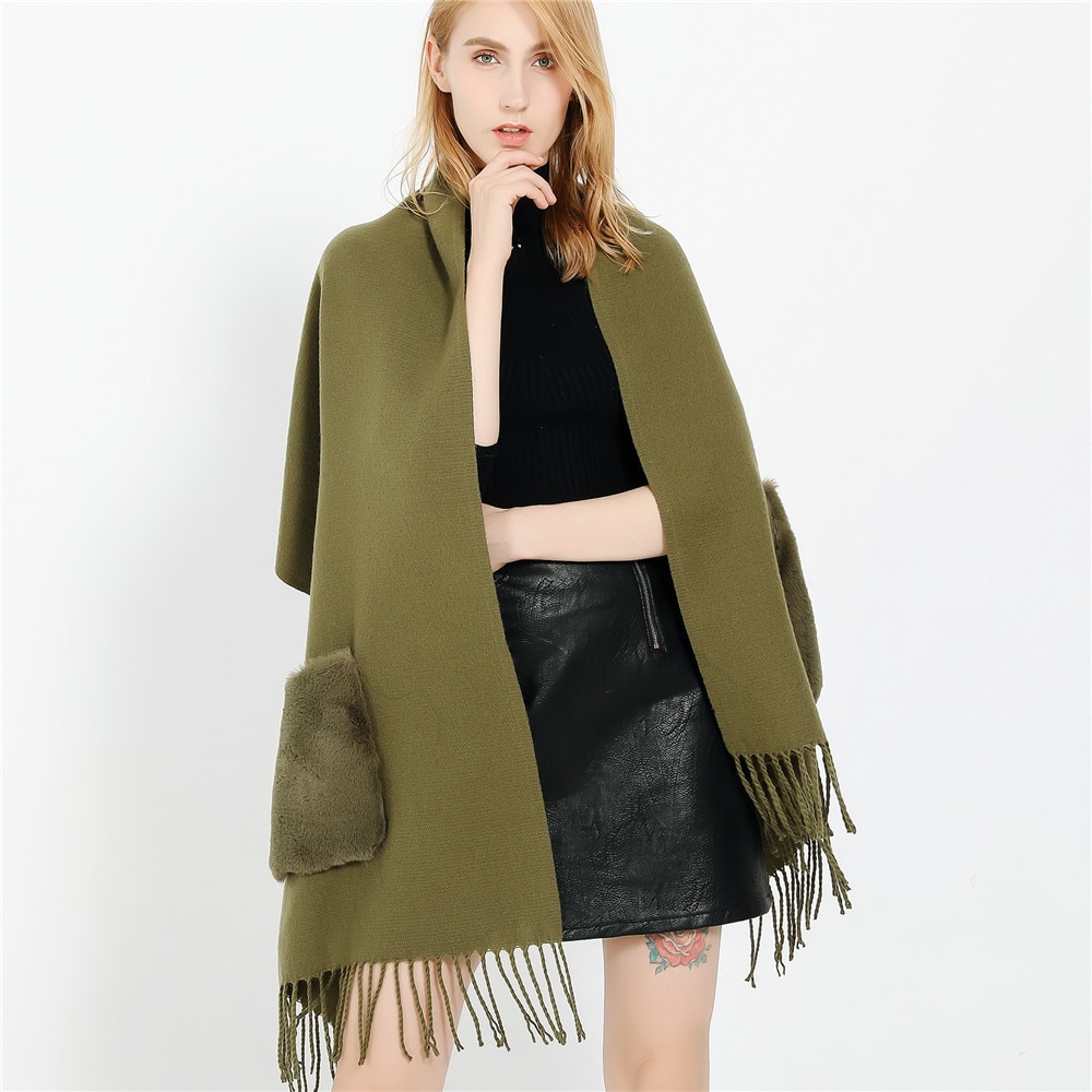 Écharpe en cachemire avec poches pour femmes, châle Poncho, châle, Pashmina d'hiver, couverture, Foulard à pompon, couverture, collection