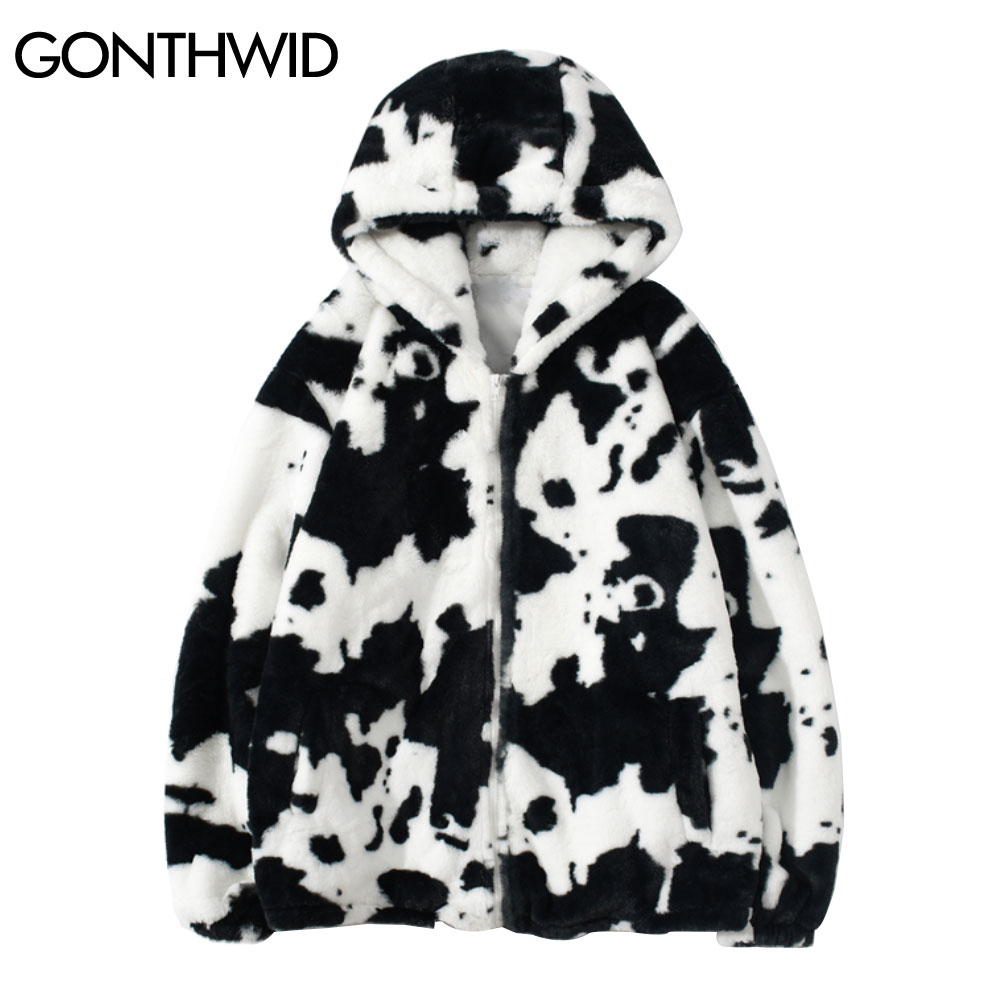 GONTHWID Fleece Hooded Jackets Streetwear Hip Hop Cow Spots Print Full Zip Jacket Coats Men Harajuku Casual Tops Outwear