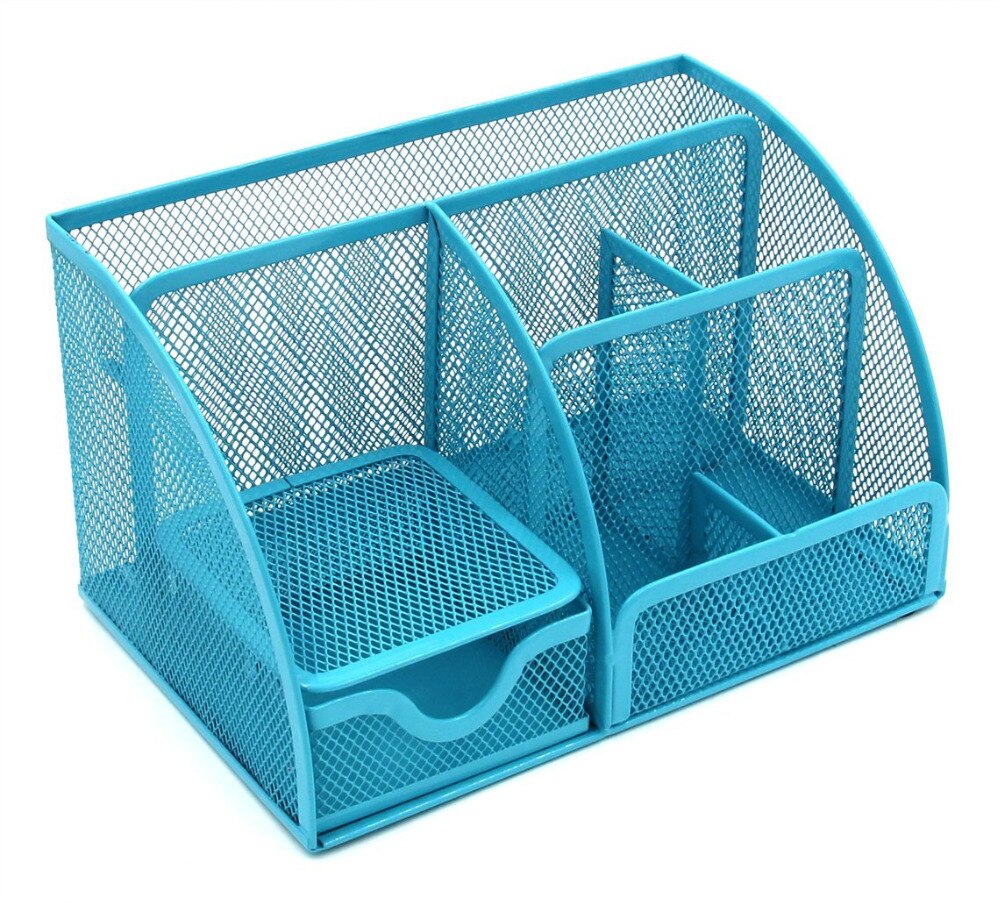 Office Supplies Mesh Desk Organizer Desktop Pencil Holder Accessories Caddy with Drawer, 7 Compartments, Blue