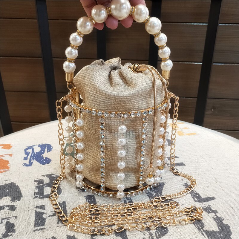 INS Pearls Metallic Cage Evening Clutch Bag Women Hollow Out Bucket Bag Acrylic Chain Handbag Bridal Beaded Shoulder Bag