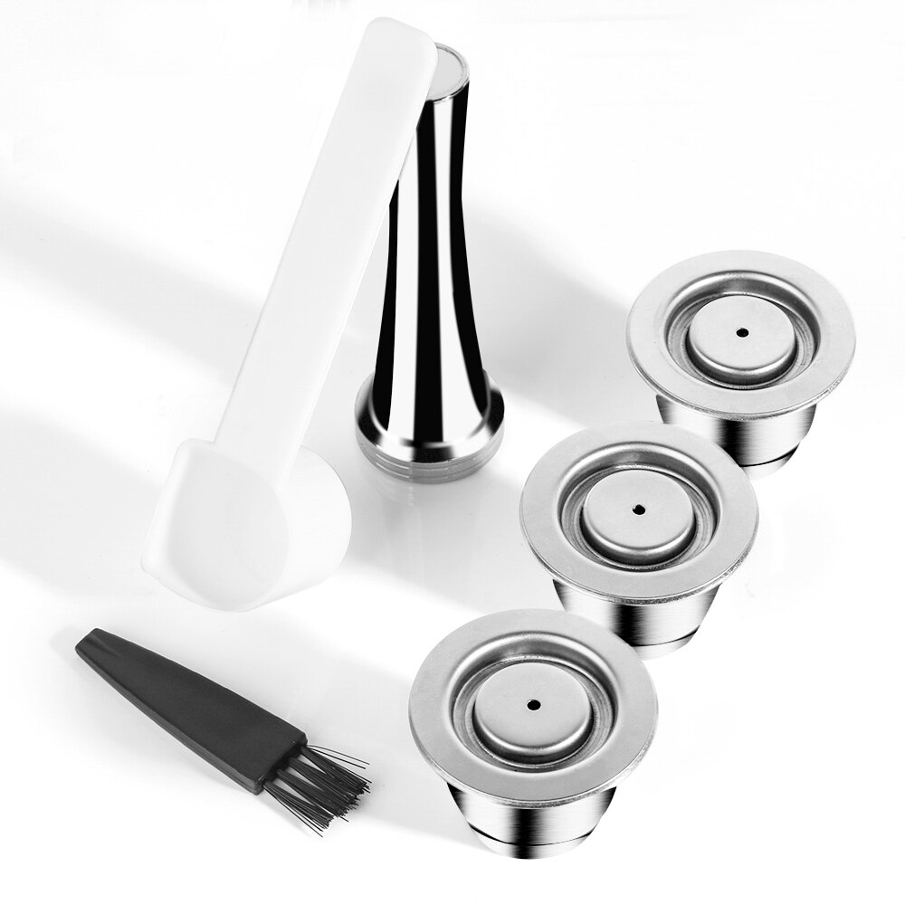 ICafilasICafilas 4pcs/Sets Stainless Metal Reusable For Nespresso Capsule With Press Coffee Grinds Tamper Espresso Coffee Maker: Beige
