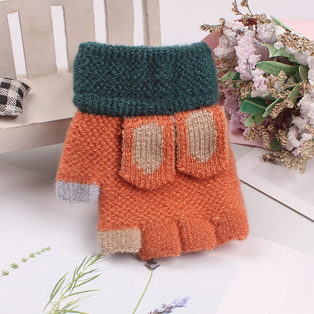 Guantes de invierno de medio Dedo de los niños de dibujos animados guantes de punto de los niños guantes de invierno #4: Coffee 