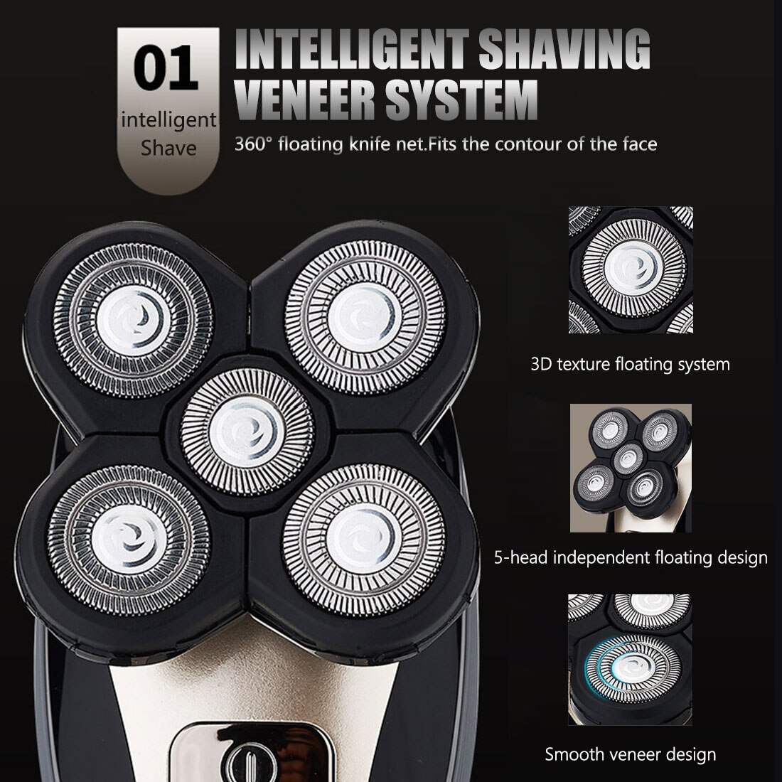 5 in1 4DMen's Rechargeable Bald Head Electric Shaver 5 Floating Heads Beard Nose Ear Hair Trimmer Razor Clipper Facial Brus