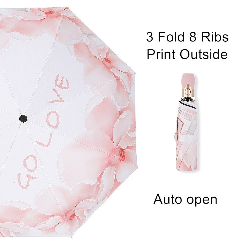Mini Pocket Umbrella Automatic Folding Umbrella Rain Women Capsule Pink flowers Parasol Windproof UV Protection Female Umbrella: auto 3 fold