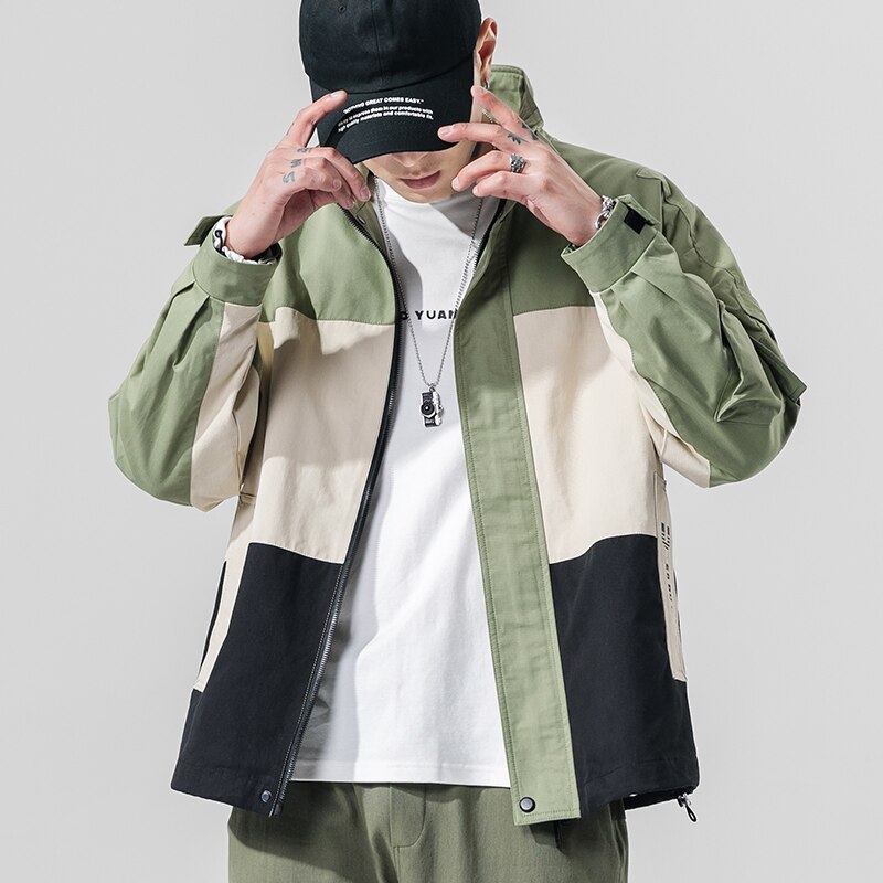 Singleroad herenkleding jas heren paars patchwork windjack hiphop japanse streetwear koreaanse stijl jassen voor heren: Groene jas heren / Aziatisch-m(eur xs)