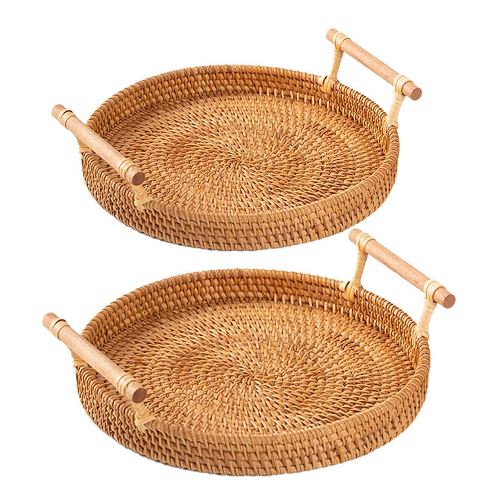 Vassoio tondo intrecciato in Rattan piatto a doppio orecchio intrecciato per frutta e verdura per cucina rotonda colazione bevanda Snack