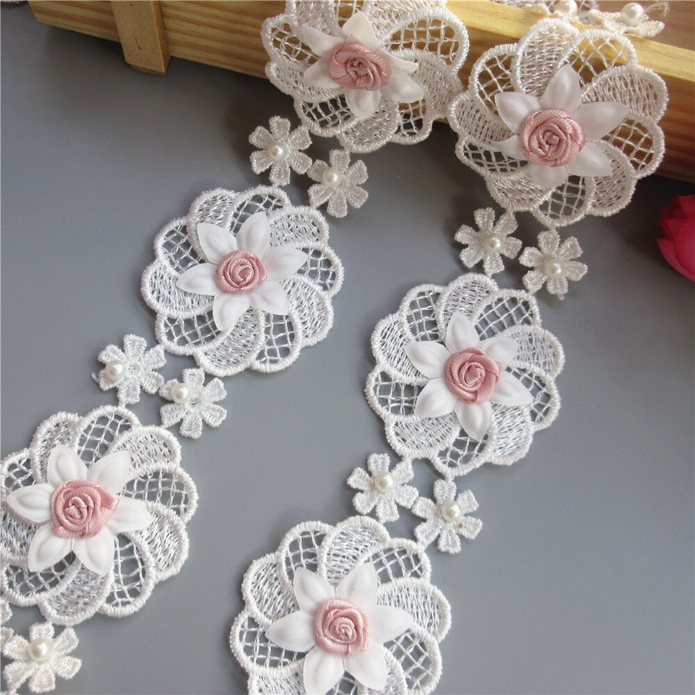 10X5Cm 3D Parel Roze Bloemen Geborduurde Kant Trim Lint Patches Applique Stof Diy Trouwjurk Naaibenodigdheden craft