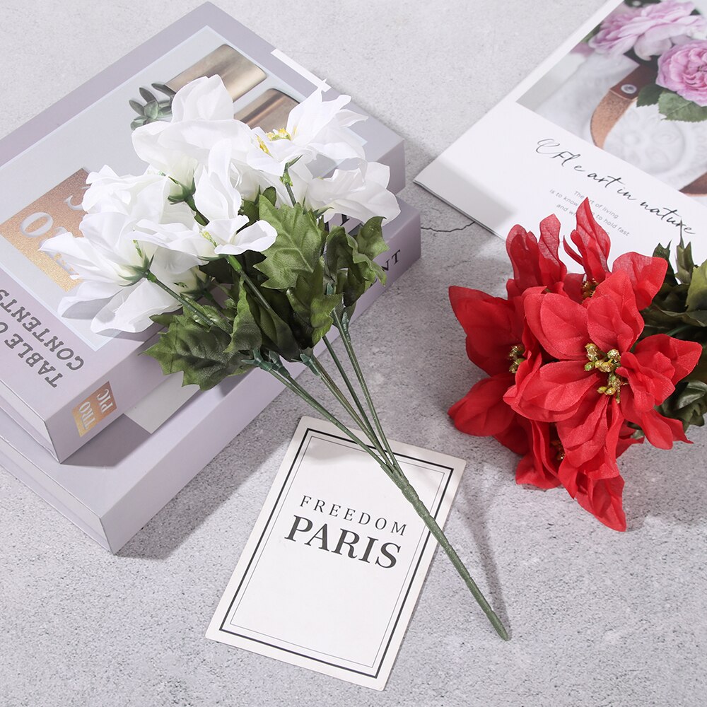 7 Heads/bunch Artificial Christmas Flowers Real Touch Flannel Red Poinsettia Bushes Bouquets Xmas Tree Ornaments Centerpiece