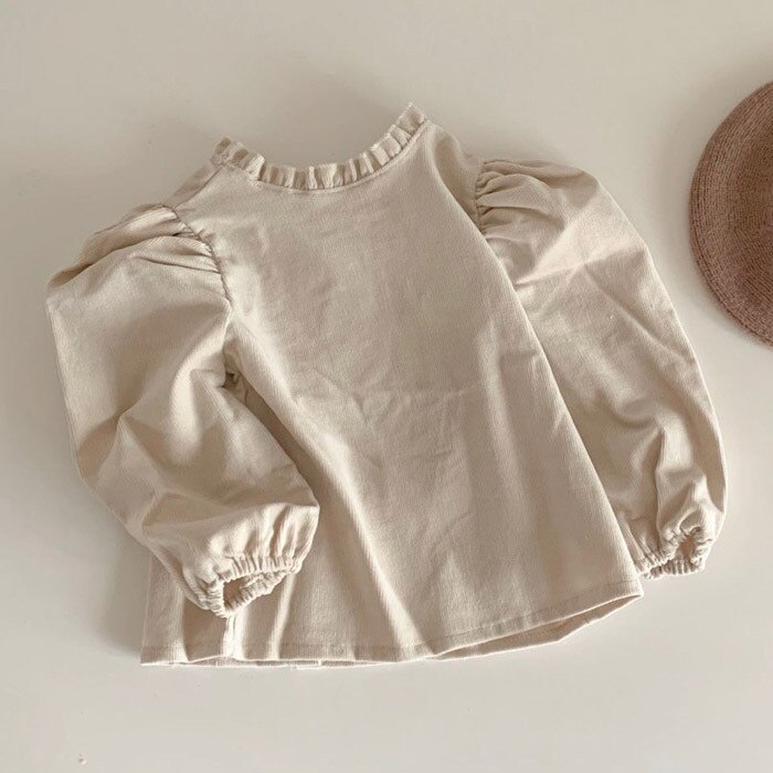 Honeycherry Baby En Kinderkleding Geplooide Kanten Kraag Shirt Meisje Baby Prinses Bloem Kraag Corduroy Dieptepunt Top: Beige B / 24M