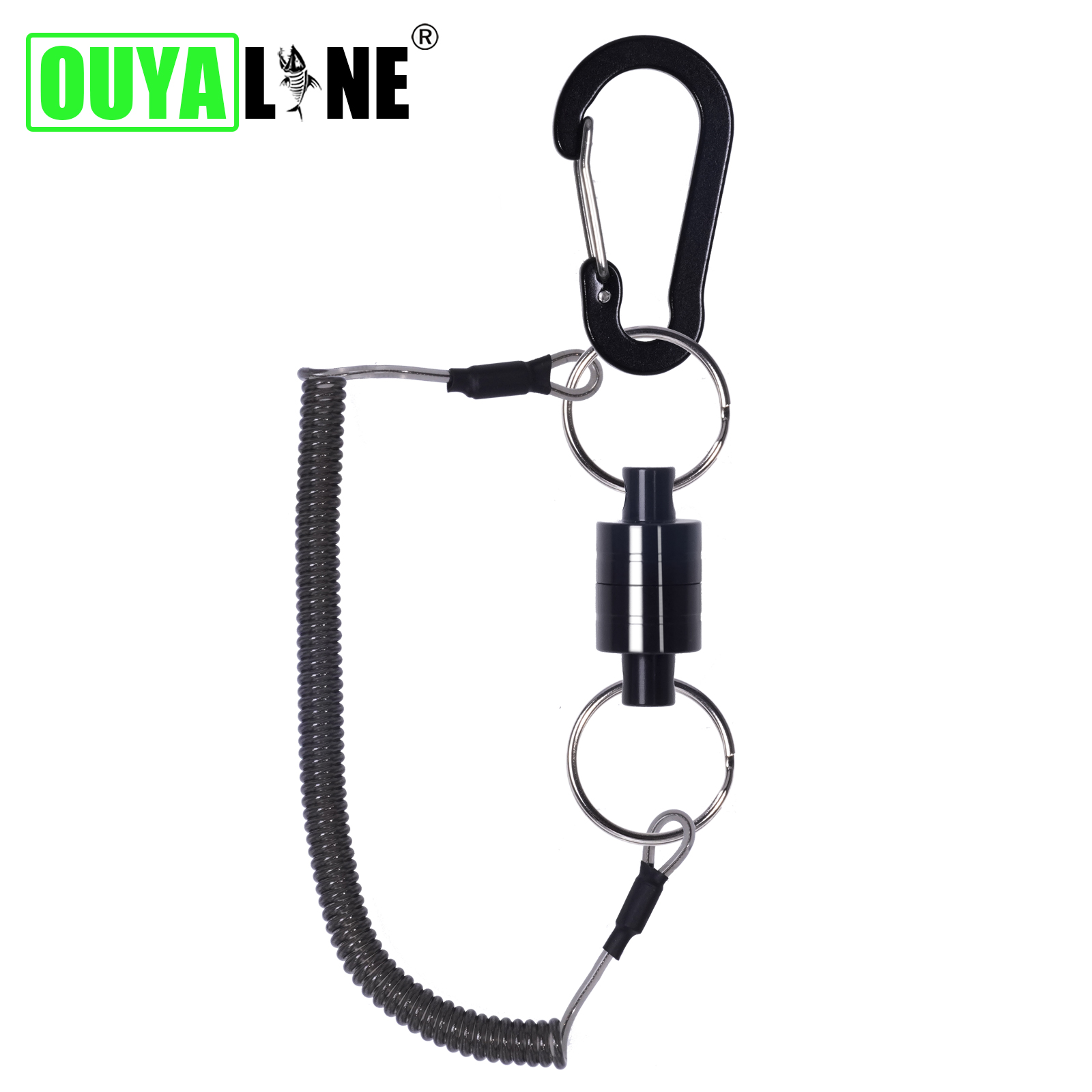 Accesorios de pesca, soporte de liberación de red magnética con cordón en espiral, hebilla de mosquetón de imán fuerte, herramientas de arrastre de cuerda anticaída: Rojo