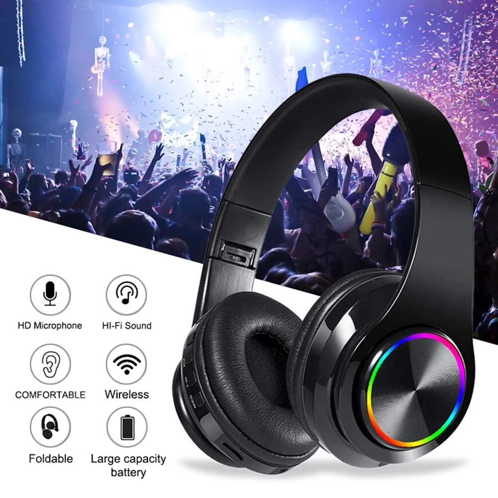 Portable Bluetooth Gaming Headset Foldable Luminous Hi-Fi Stereo Earphones with Mic ForPC Laptop Phone