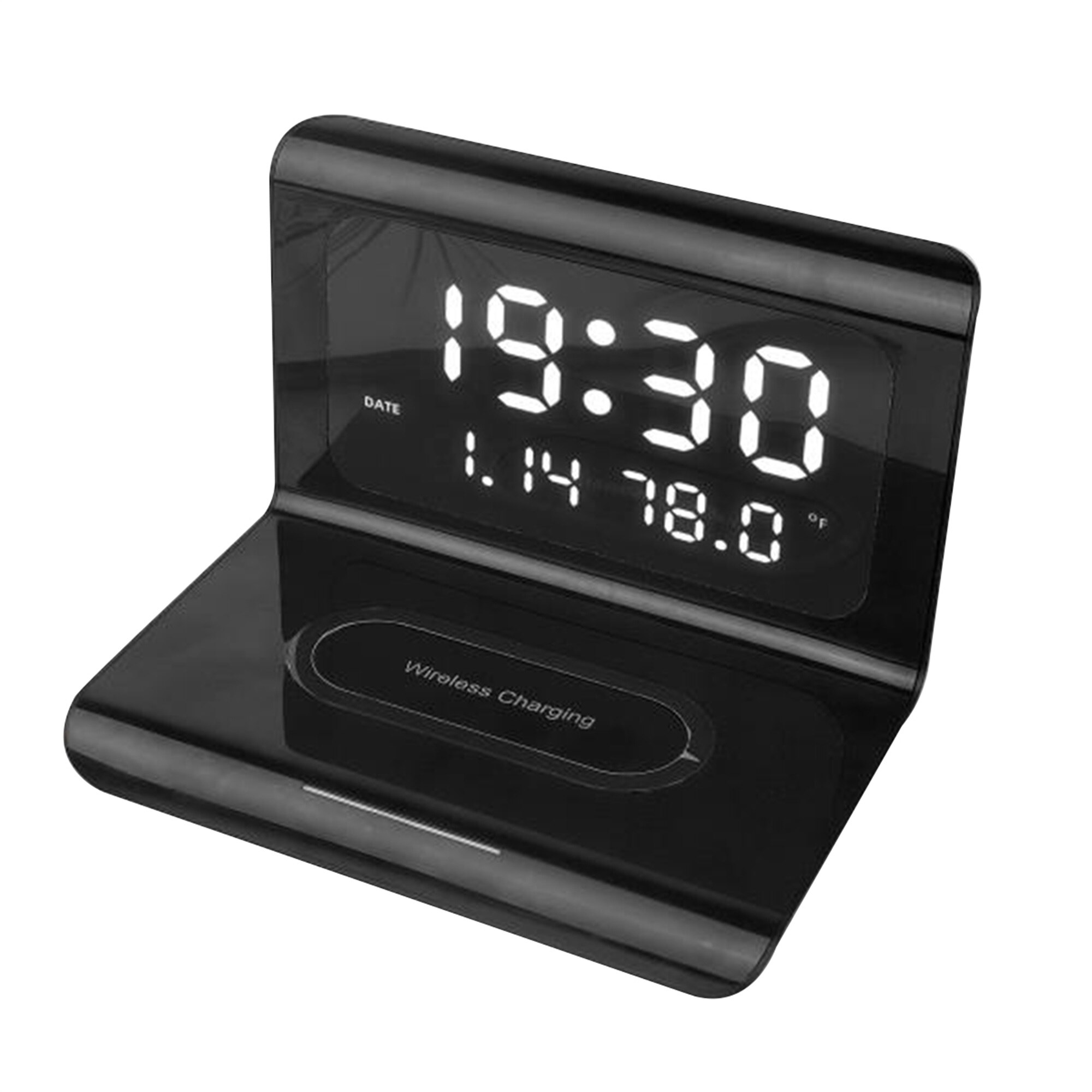 Trådløs oplader digitalt vækkeur 10w qi hurtigopladningsplade desktop home decor termometer kalender til iphone samsung: Sort