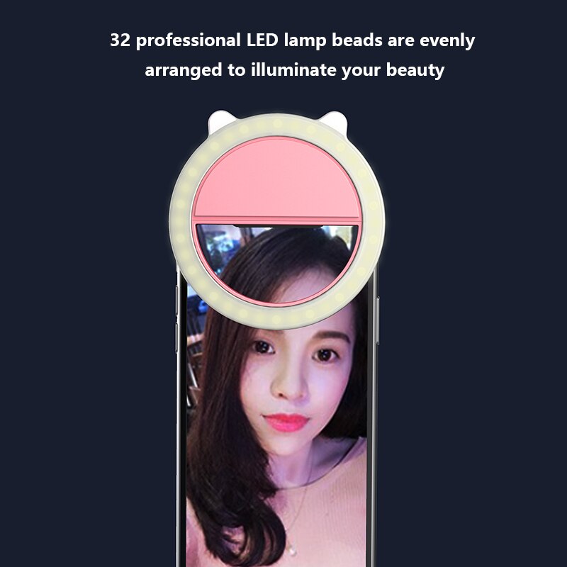 Portable LED Selfie Ring Light USB Charge Mobile Phone Lens Selfie Lamp 32 LEDS Luminous Ring Clip Light For IPhone Samsung