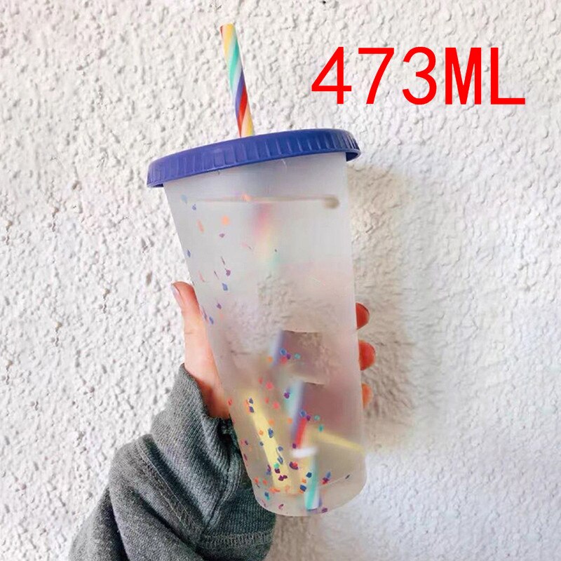 1/5 stk gennemsigtig genanvendelig vandflaske temperatur farveændrende konfetti kop med låg og halm plast kold kop sport kopper: 1 stk tilfældig