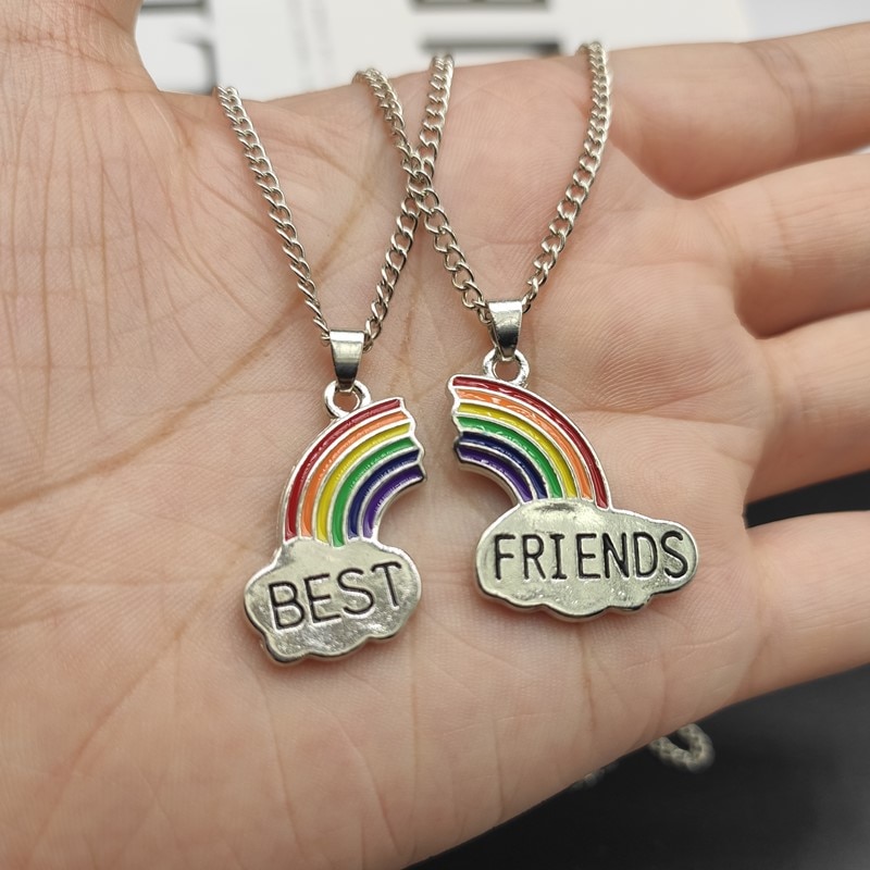 2 Pcs/set Best Friend Necklace Charm Lady Rainbow Heart Engrave Best Friend Forever Necklace Pendant Friendship BFF Jewelry