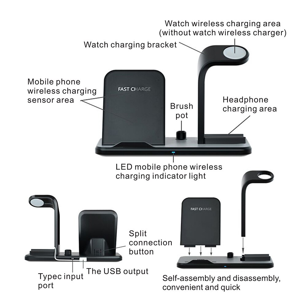 Fdgao 3- i -1 opladerstander til apple watch 5/4/3/2 10w hurtig qi trådløs oplader dockstation til iphone 11 xs xr 8 airpods pro