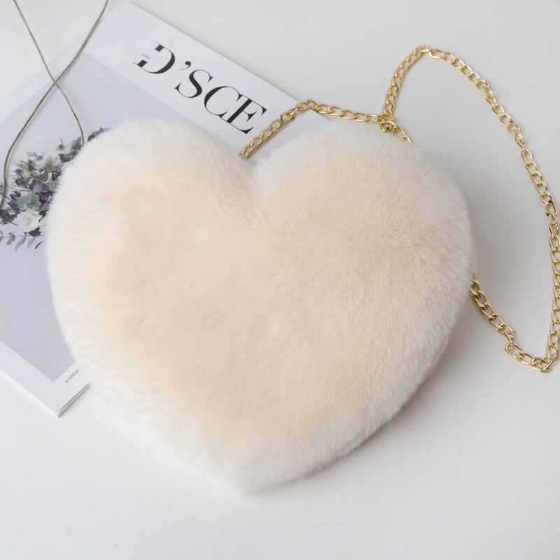 Women&#39;s Heart Shaped Handbags Cute Kawaii Faux Fur Crossbody Bags Wallet Purse Chain Shoulder Bag Lady Handbag: white