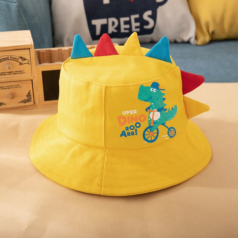 Sombrero de cubo de bebé de dinosaurio de dibujos animados, sombrero de Sol para bebé, niño y niña, sombrero de pescador para niño pequeño, gorra para niño: Yellow