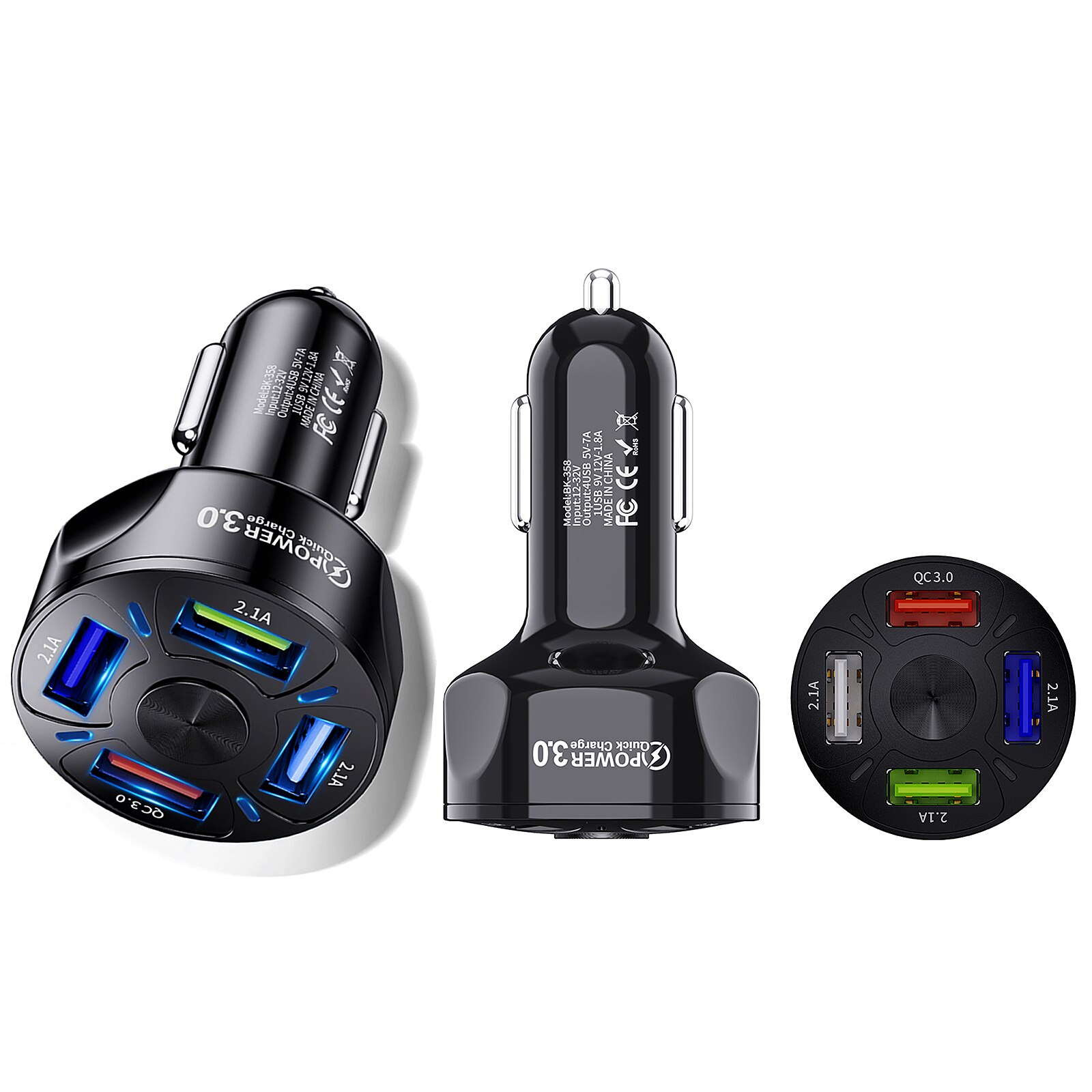 3 Poorten Usb Car Charger Snelle Auto Sigarettenaansteker Usb Autolader Auto BK358 Zwart/Wit 4 Poorten Fast opladen Auto Accessoires