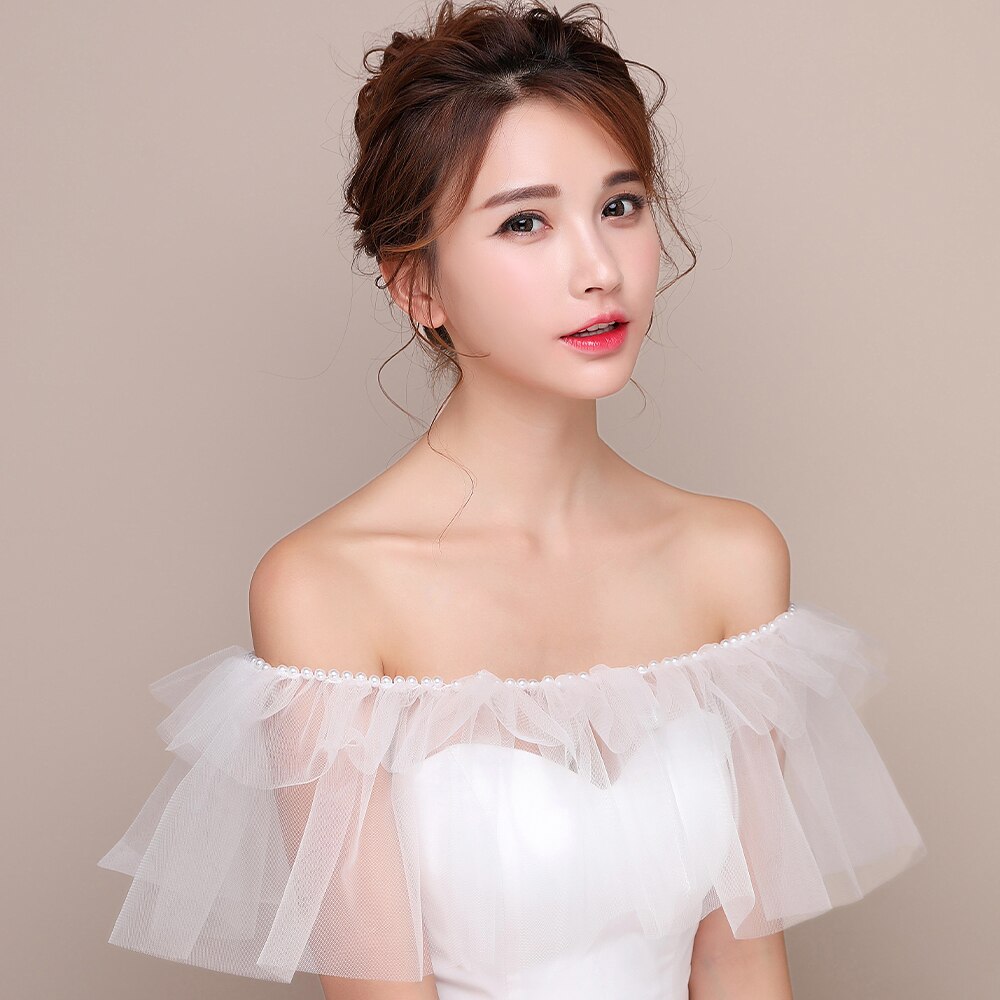 Frauen Elfenbein Hochzeit Braut wickeln Elegante Perlen Rüschen sexy schier Tüll Schal mit Band Weg Von der Schulter Stola für Formale kleid